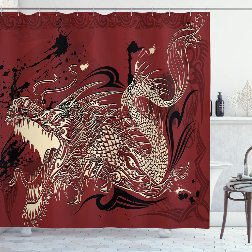 ABAKUHAUS Drachen Duschvorhang, Angry Dragon Doodle auf Grunge Hintergrund japanische Mythologie östlichen ätherischen Muster, 175 x 200 cm, Elfe...
