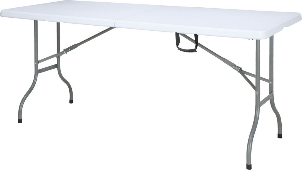 A white folding table with gray metal legs on a white background.