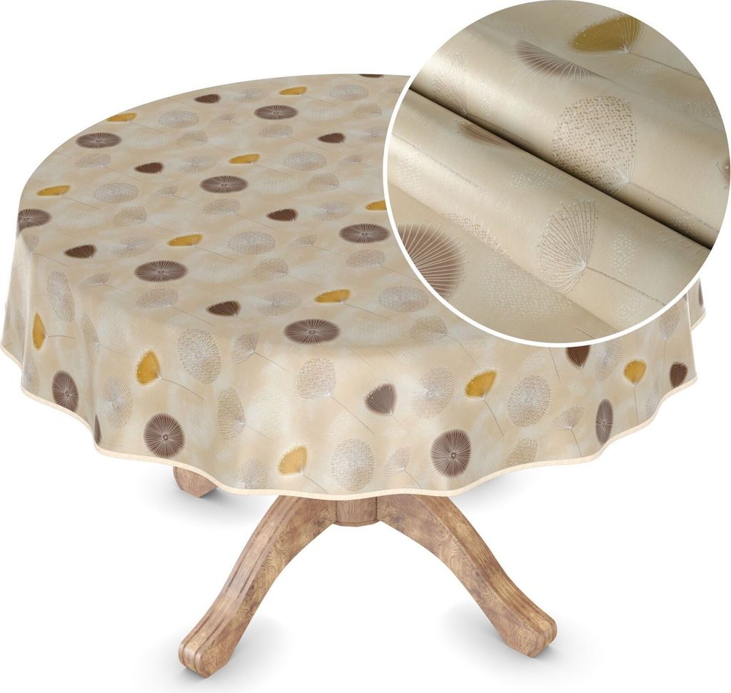 Tischdecke Wachstuch LUXURY Blumen Beige Robust Wasserabweisend Rund 120 cm