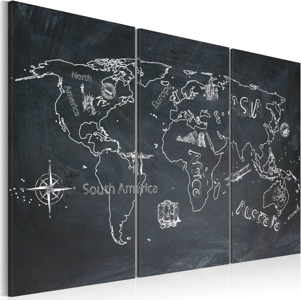 Décoration murale salon carte du monde grand format 120x80 en 3 pièces