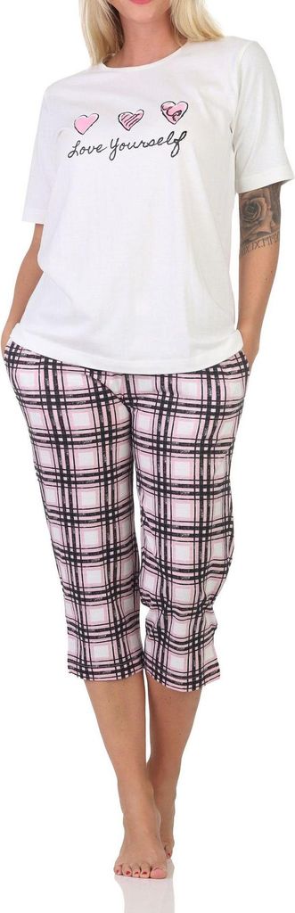 Normann Damen Schlafanzug mit karierter Pyjama-Caprihose aus Jersey - auch in Übergrößen ; weiß , 52