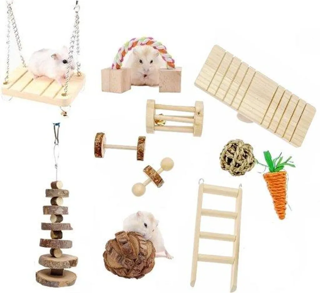 Jouets hamster en bois 11 pièces : balançoire et balles d'exercice