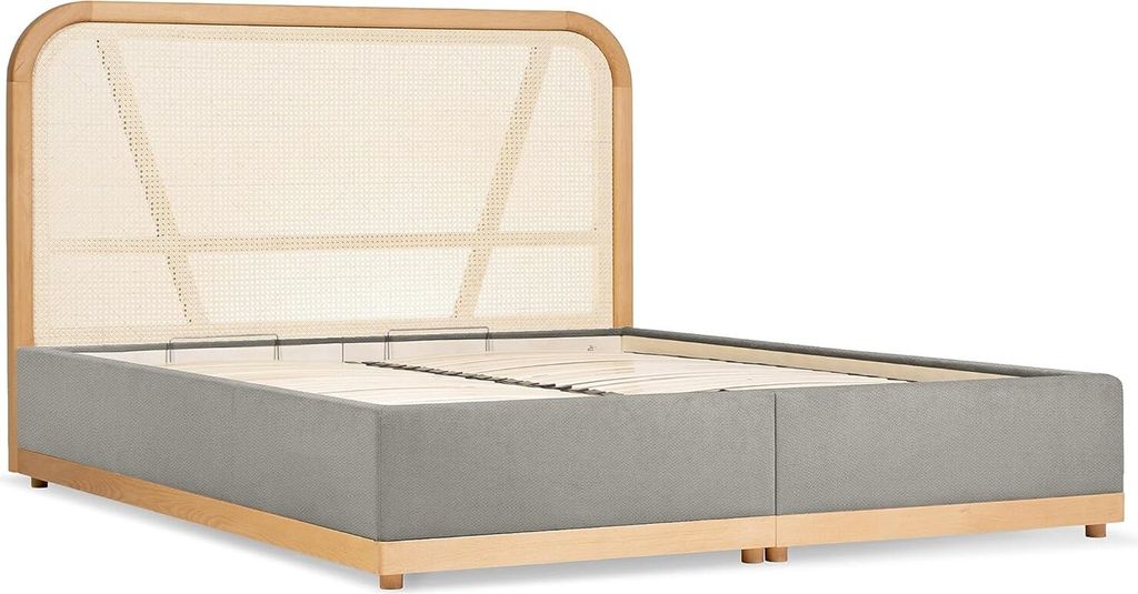 Japandi Doppelbett 160x200 cm - mit Bettkasten Stauraum & Lattenrost - Kopfteil aus Rattan - Skandinavisches & japanisches Design fürs Schlafzimme...
