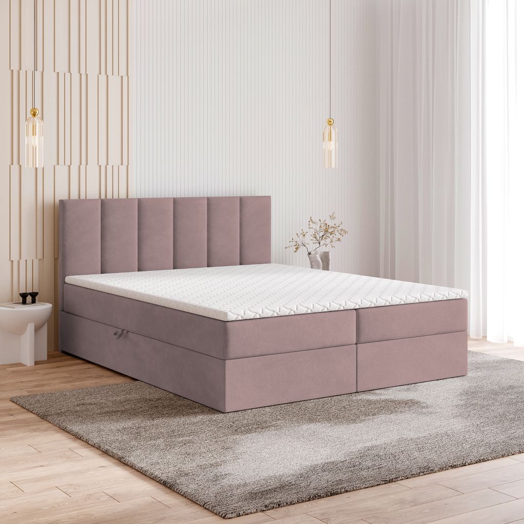 Masseno Boxspringbett MERIL K 140x200 cm Komplett-Set mit Bonell Matratze und Topper, Polsterbett mit Bettkästen -Rosa, KRONOS 27