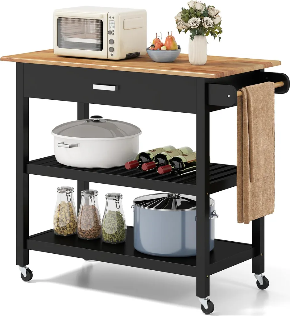 Carrello da cucina COSTWAY, carrello da cucina a 3 livelli con piano di lavoro, 2 ripiani aperti, cassetto e rotelle bloccabili, carrello di servizio mobile nero