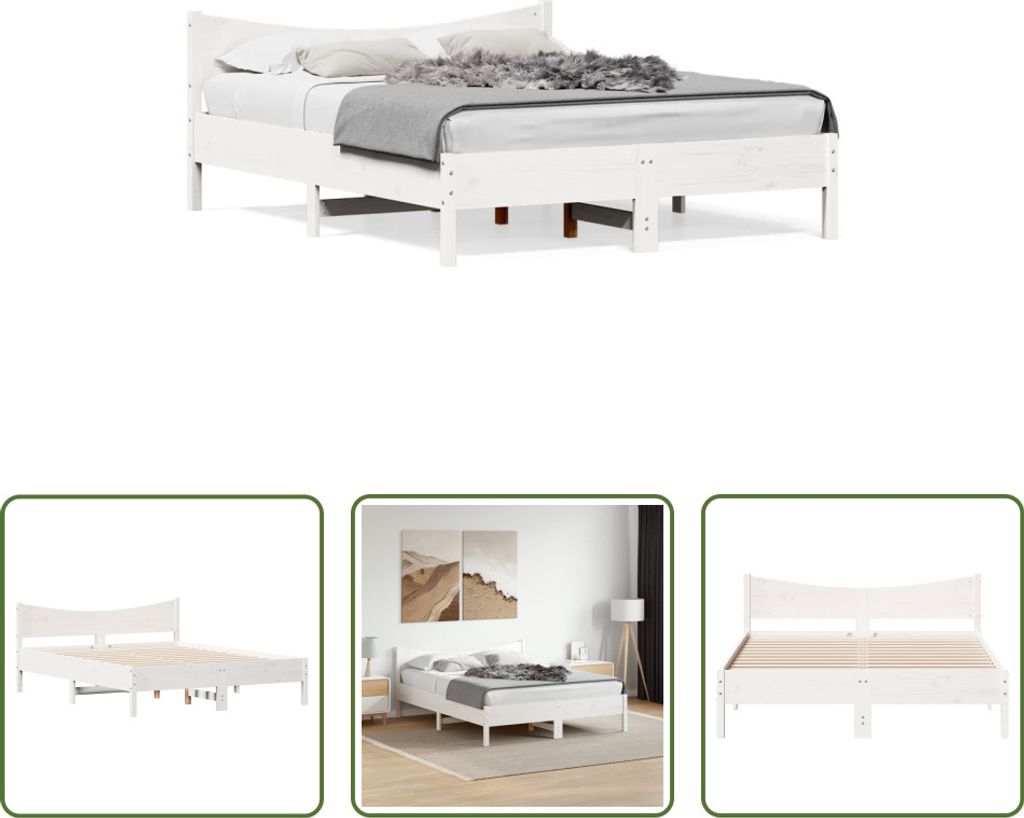 The Living Store Massivholzbett mit Kopfteil Weiß 160x200 cm Kiefer