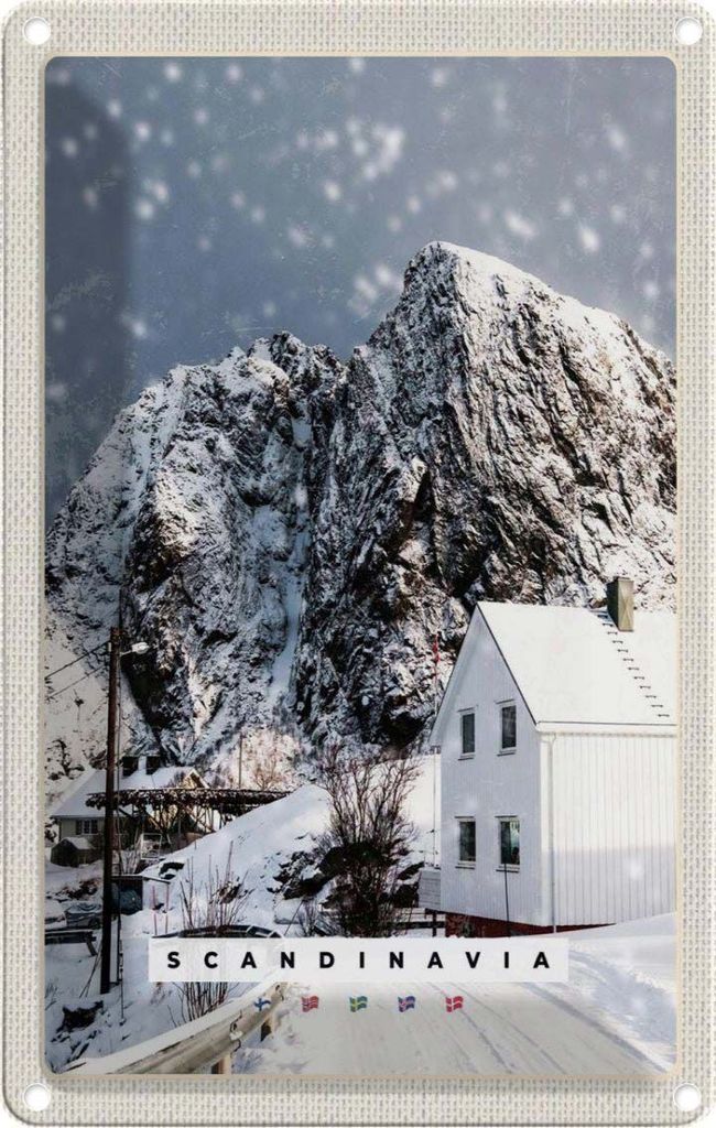 vianmo Blechschild 18x12 cm Skandinavien Schnee Winter Berg Haus Bildmotiv Reisemotiv Abenteuer Reisen Urlaub
