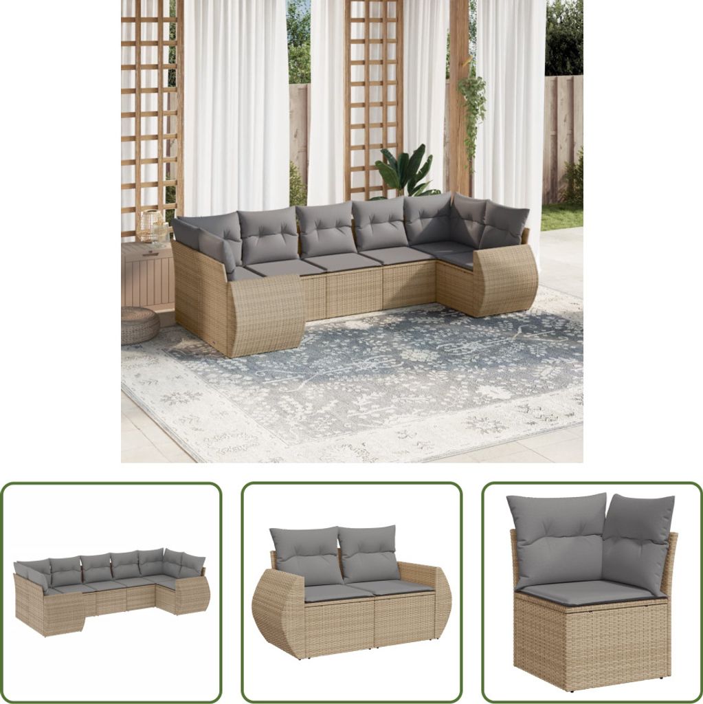The Living Store 7-tlg. Garten-Sofagarnitur mit Kissen Beige Poly Rattan