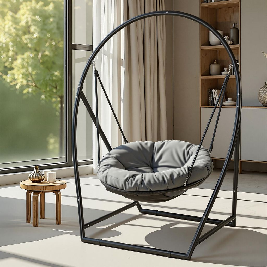 Ikodm Hängesessel mit Gestell Hängeschaukel Hängestuhl bis 150kg für Indoor und Outdoor + Kissen Hängekorb Stahlgestell & Sitzpolster Schaukel...