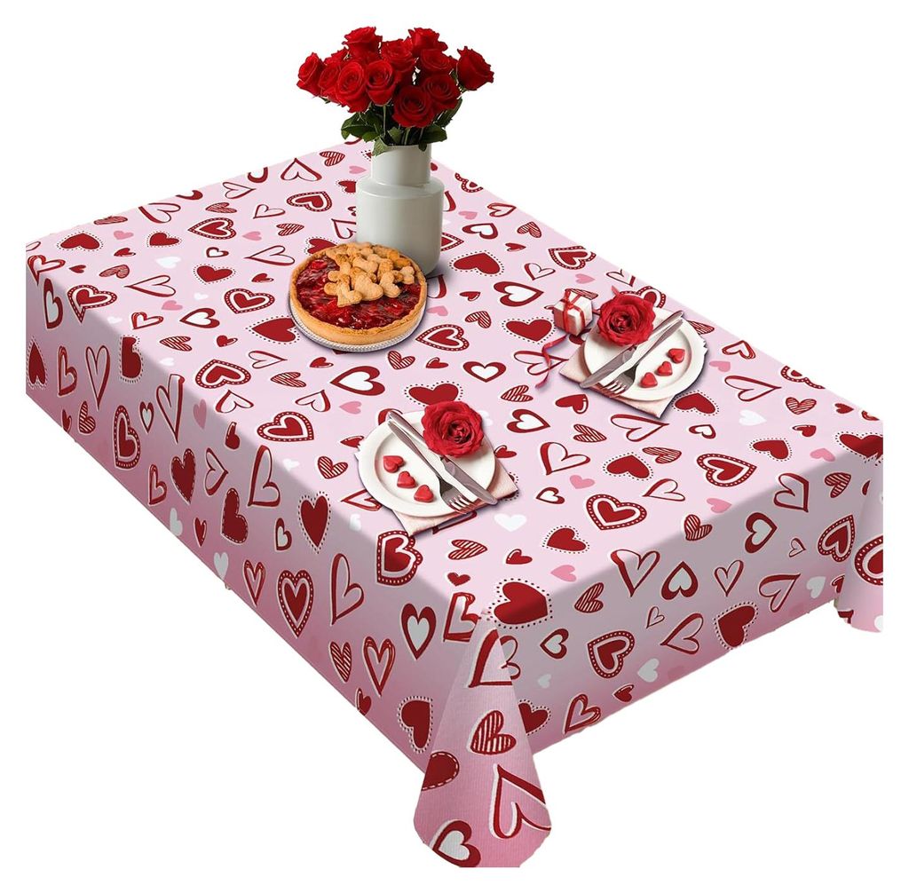 Valentinstag-Tischdecke mit Herzmotiv, rechteckig/quadratisch, romantische Tischdecke für Jahrestag, Hochzeit, Feier, Esstischdekoration XL