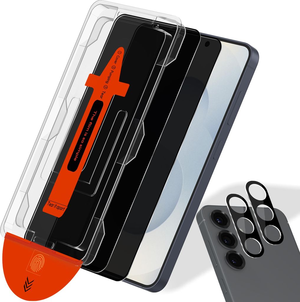 A product shot showing a phone screen protector and camera lens protectors with an installation guide.