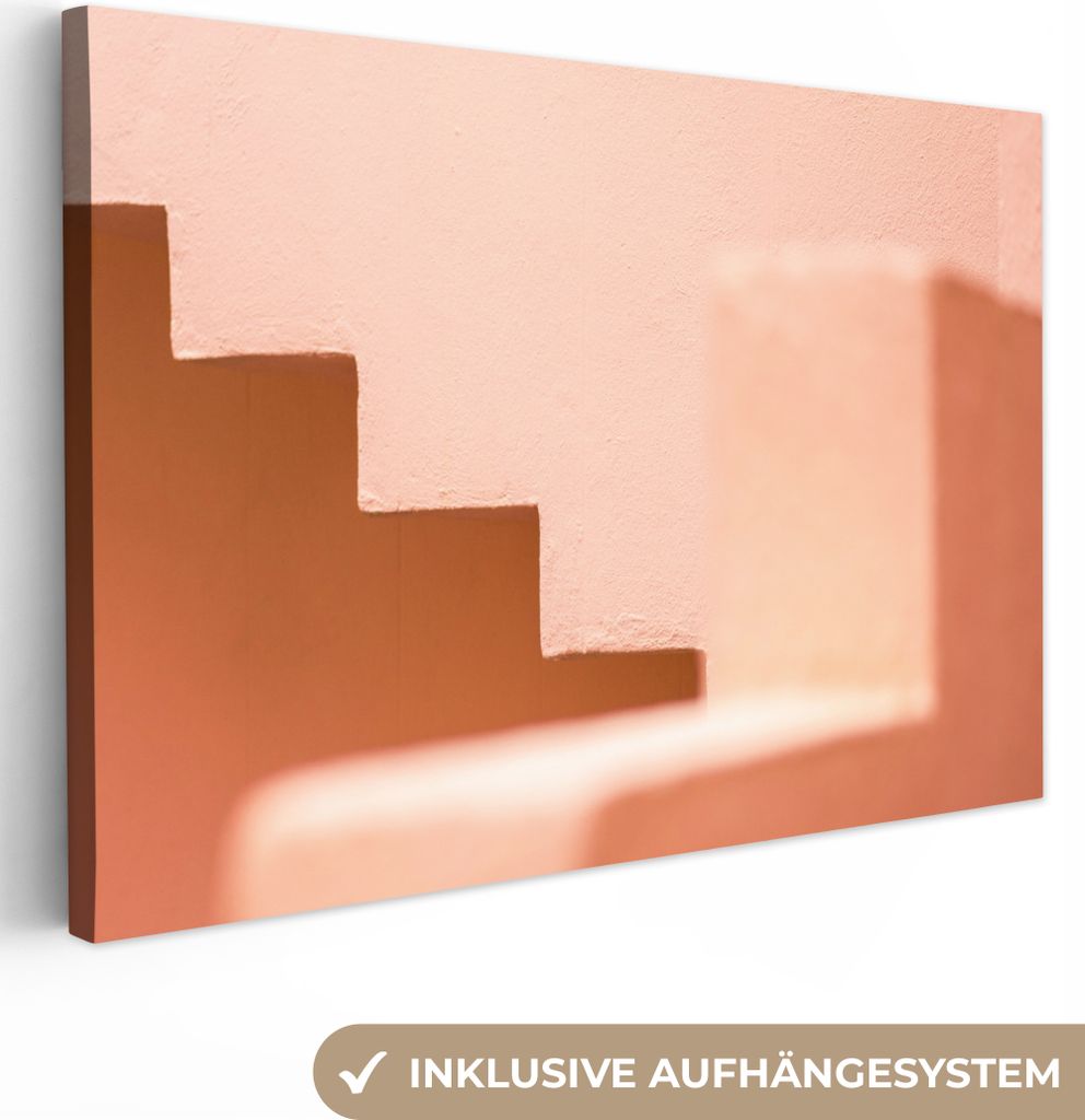OneMillionCanvasses - Leinwandbilder - 140x90 cm, Architektur - Treppe - Pastell - Rosa, Wandbilder Kunstdruck Wanddekoration - Foto auf Leinwand...