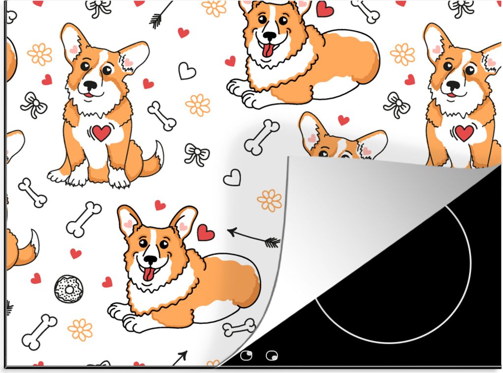 KitchenYeah Herdabdeckplatte Hund - Corgi - Muster , 71x52cm, Küche Deko, Glaskeramikfeld Herdabdeckung, Abdeckplatte fùr Kochfeld