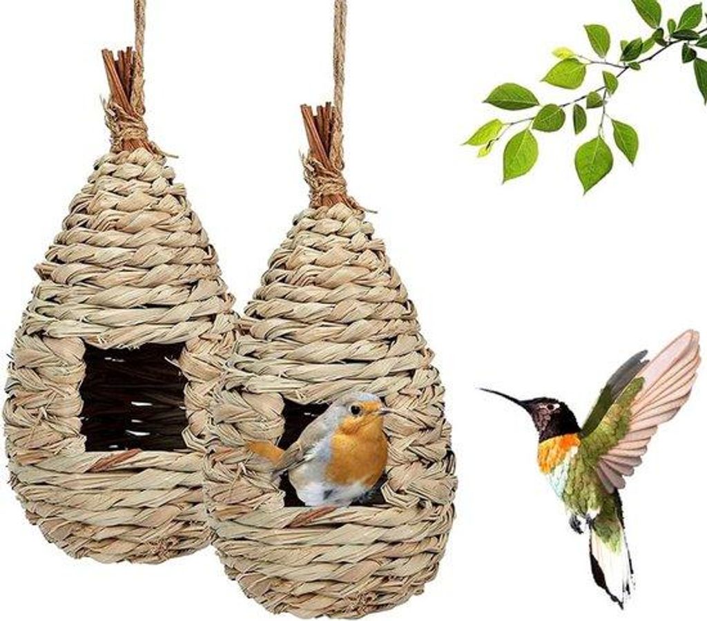 Handgewebte Vogelnester - Dauerhafte Vogelhäuschen - 2 Stück - Natur - Grün - Bäumchen - Garten