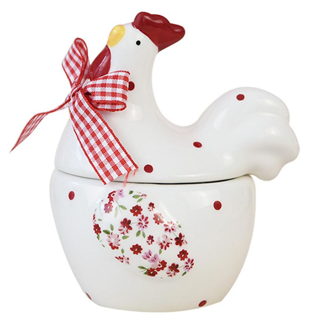 Keramik-Schüssel-, Teller- und Tassenset mit rotem Blumenmuster, Bräter, Keksdose in Hühnerform für Gewürze, Zucker, Snacks, Landhausdeko, Ost...