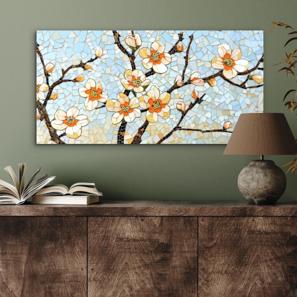MuchoWow Wanddekoration Metall Metallbild Wandkunst 80x40 cm Blüten - Weiß - Mosaik - Zweig MuchoWow Aluminium Gemälde - Wanddekoration - Alubild
