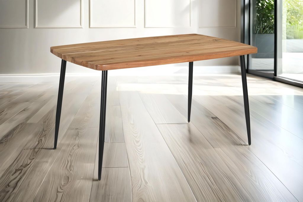 Esstisch 140 x 80 cm Irene, Holztisch aus Akazie, naturfarben + massiv, Gerade Kante, bootsförmiger Esszimmertisch mit konischem 4-Fuß-Gestell au...