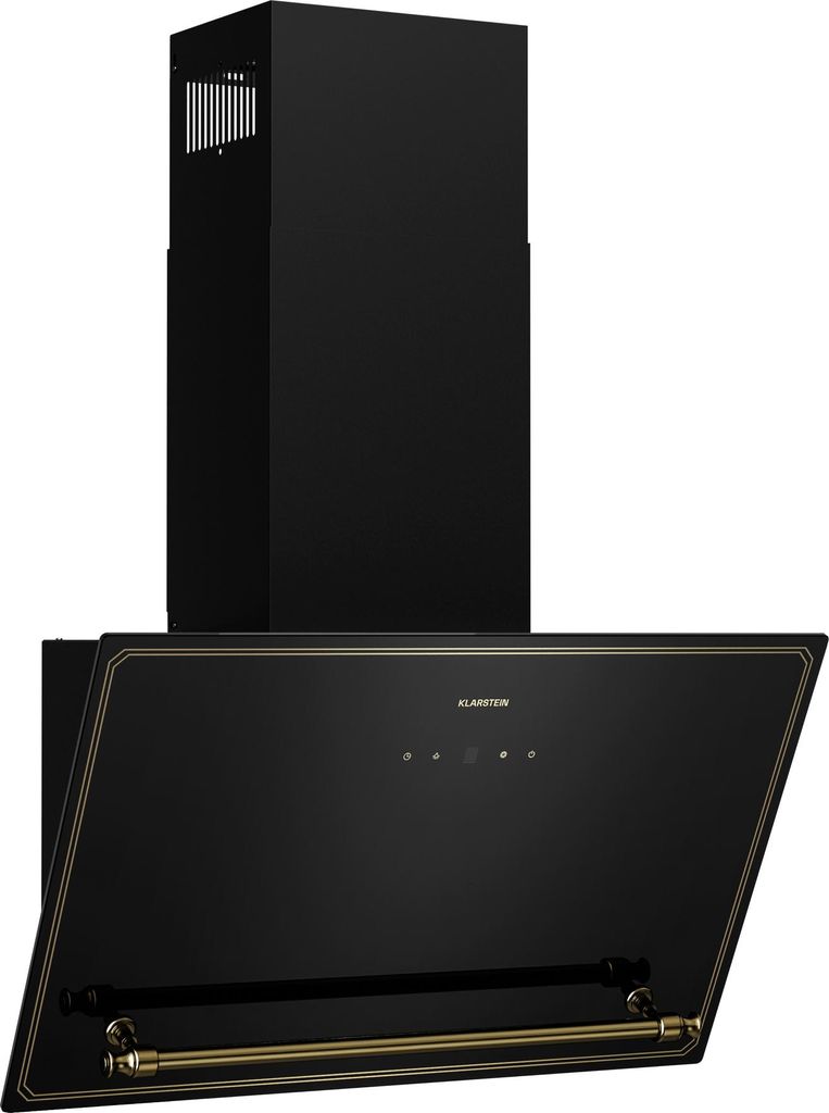 A black and gold range hood is shown against a white background.