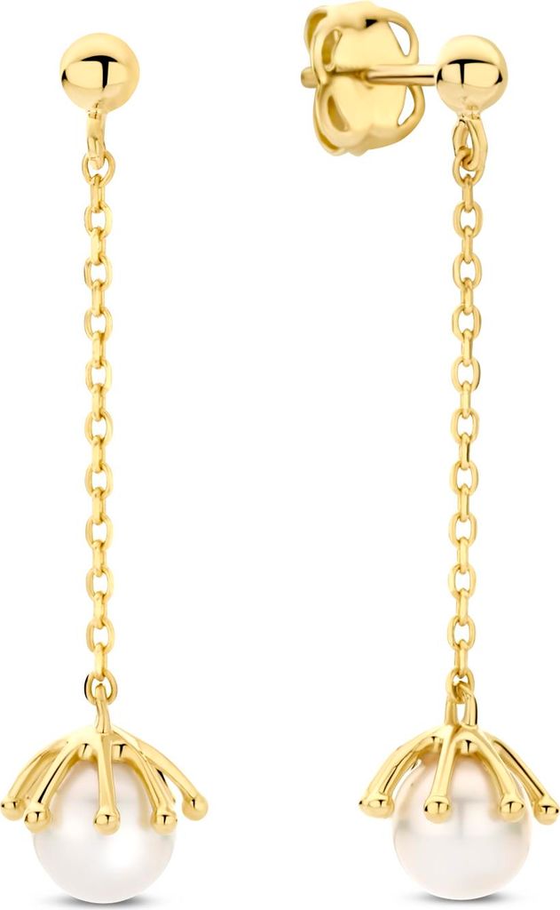 New Bling - 9NBG-0872 - 14K Goud - Oorhangers – Ketting met Parel – Dames Oorbellen