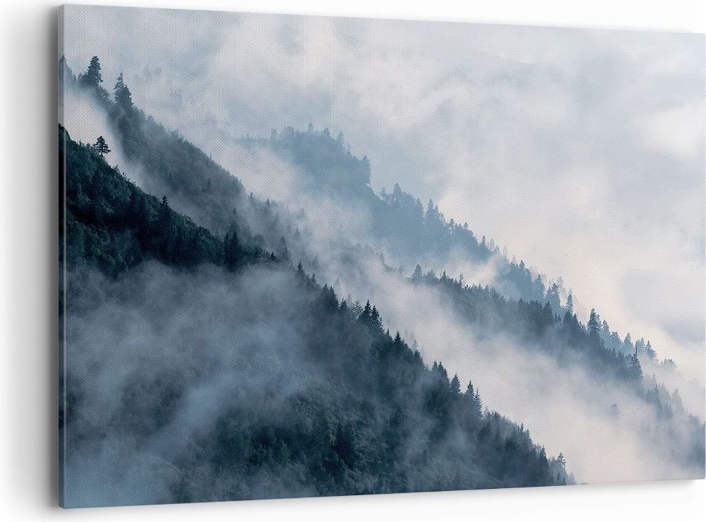 Bild auf Leinwand - Leinwandbild - Einteilig - Berge Nebel Bäume - 100x70cm - Wand Bild - Wanddeko - Wandbilder - Leinwanddruck - Bilder - Wanddek...