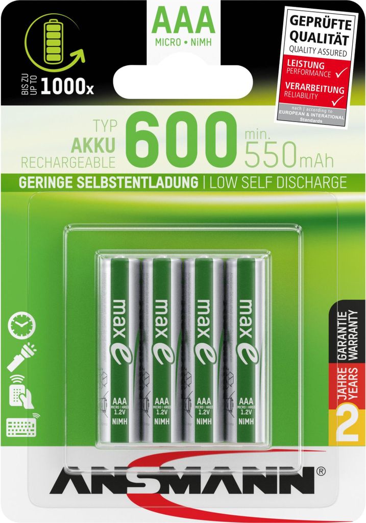 Ansmann AAA Akku 1,2V 600mAh 4er Pack Micro HR03 NiMH
