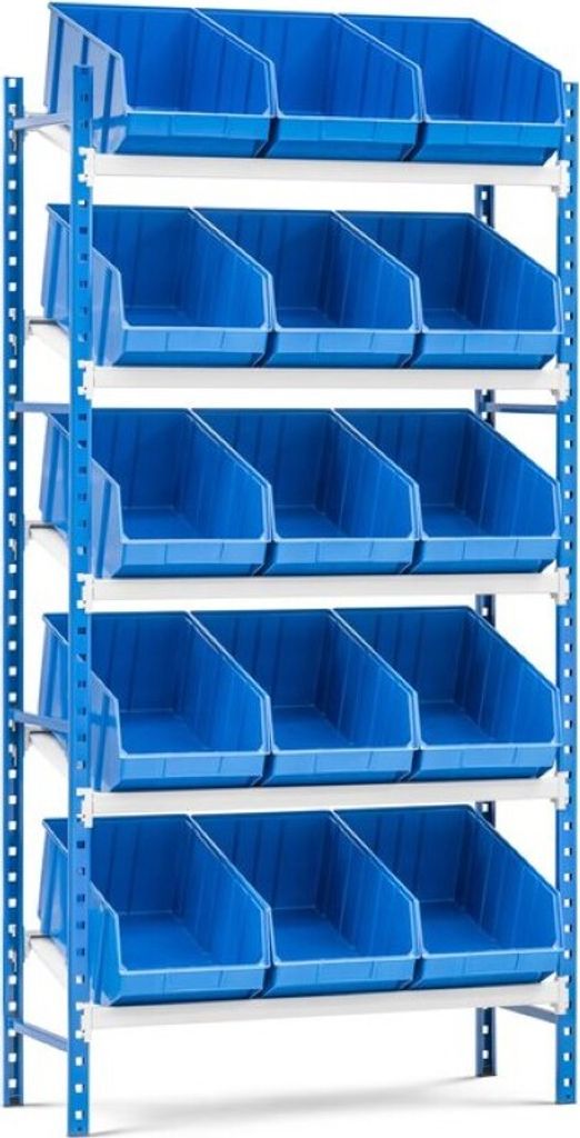 Schrägbodenregal MAXIMUS mit 15x Sichtlagerboxen à 31,5L | Fachlast 130kg | Grundregal | HxBxT 200x100x40cm | 5 Ebenen | Lichtblau/Lichtgrau