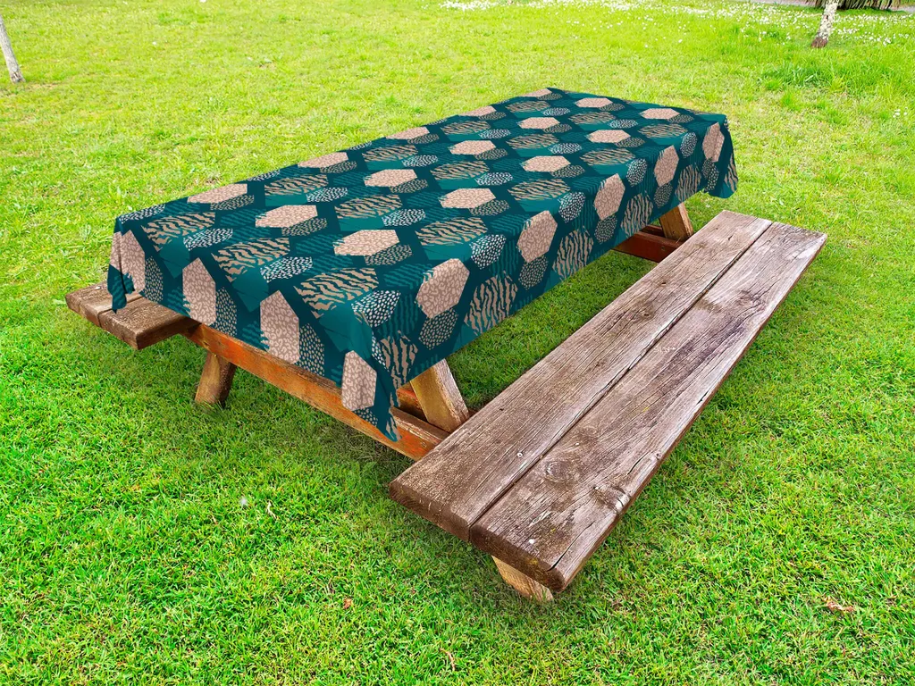 ABAKUHAUS Tovaglia Leopard Outdoor, esagoni con strisce o macchie di vari colori, verde acqua scuro e salmone chiaro, 145x210 cm