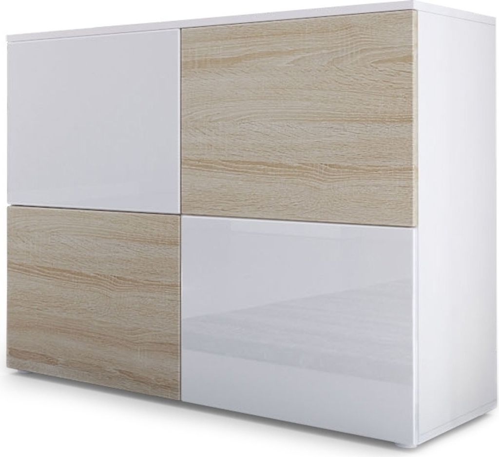 Vladon Sideboard Rova, Germany, Kommode mit 4 Türen, Weiß matt/Weiß Hochglanz/Eiche sägegrau (92 x 72 x 35 cm)