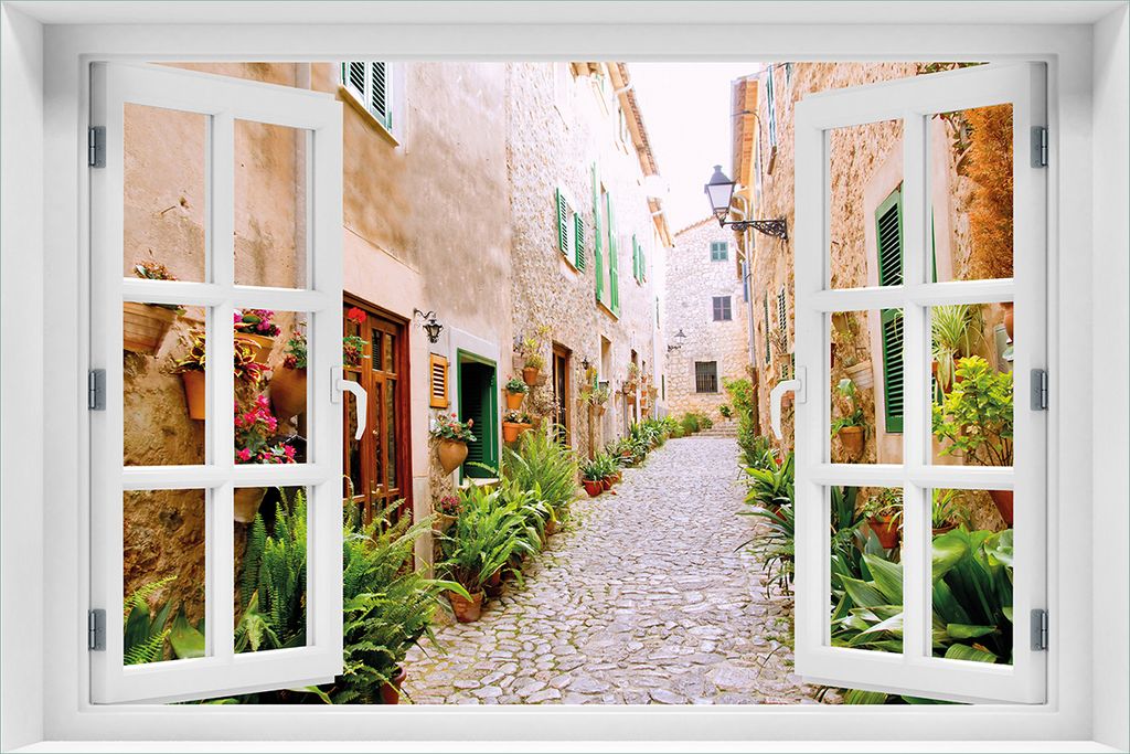 Wallario Poster mit Fenster-Illusion: Südländische Gasse mit alten Häusern und grüner Oase, Größe: 61 x 91,5 cm (Maxiposter)