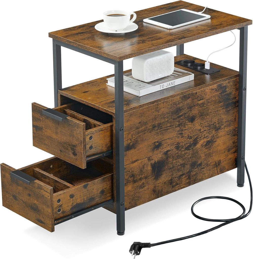 Songmics Beistelltisch mit Steckdosenleiste Vintagebraun-Schwarz