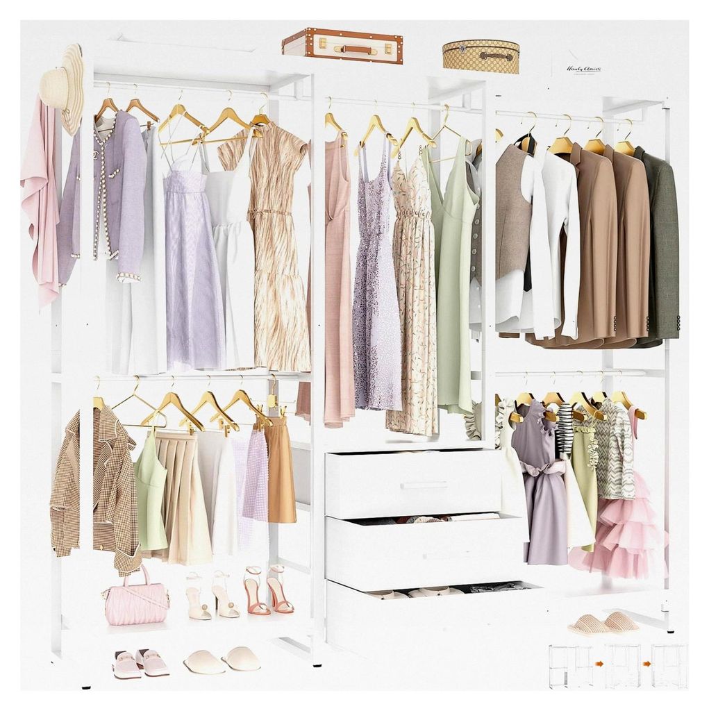 Kleiderständer, robuster Kleiderständer mit Schubladen, freistehender Kleiderschrank, Eck-L-förmiges Schranksystem, weiß