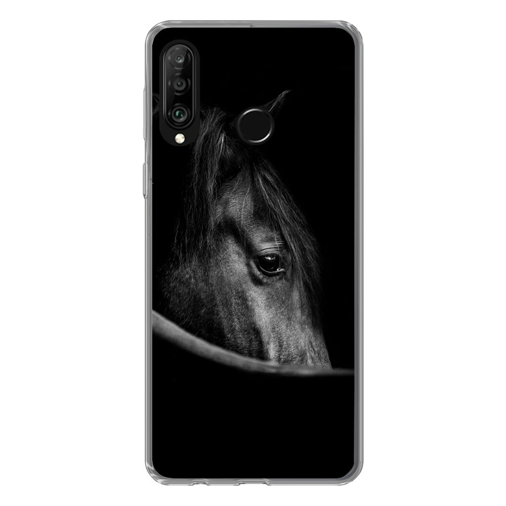 MuchoWow Handyhülle Schutzhülle Hülle für Huawei P30 Lite Pferde - Porträt - Schwarz - Tiere Silikon Softcase Handy Hülle - Handyhülle