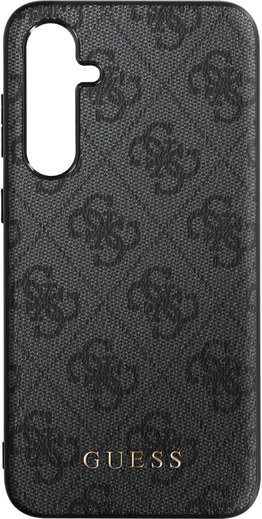A close-up of a phone case with a repeating Guess logo pattern.