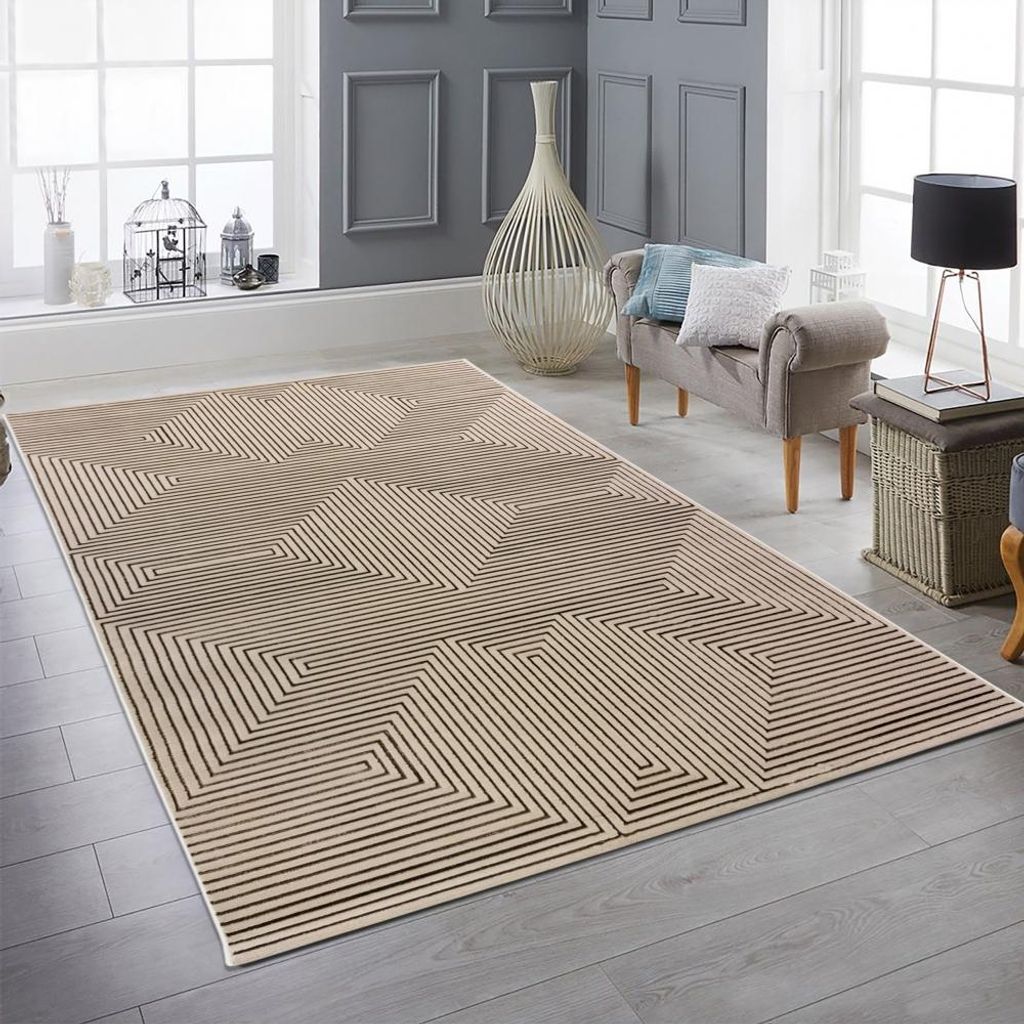Moderner Kurzflorteppich Beige geometrisches Design mit Glanzstruktur für Wohnzimmer Schlafzimmer und Flur Größe - 200 x 290 cm