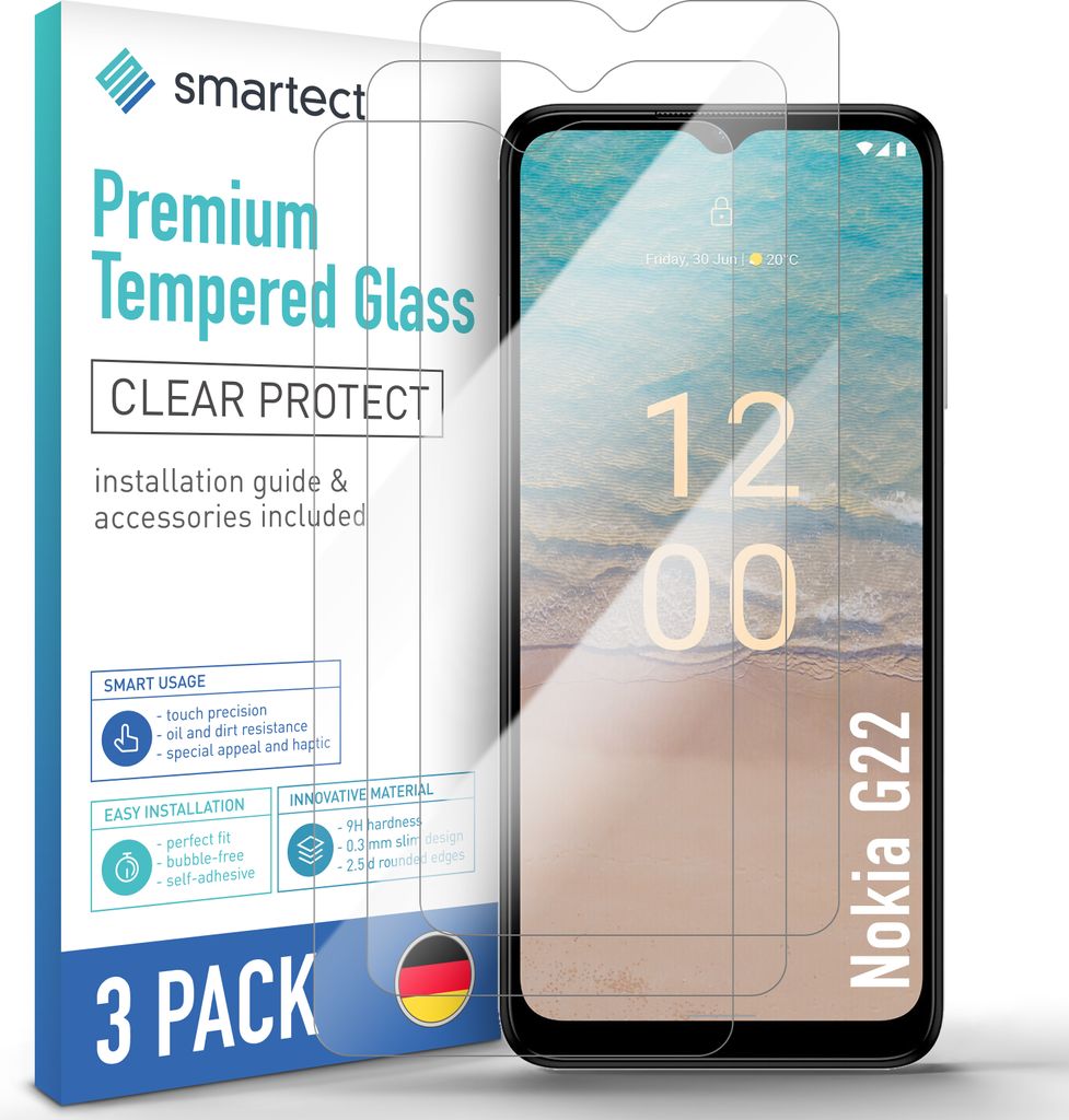 A product package for screen protectors for a Nokia G22 phone, with a phone screen displayed.