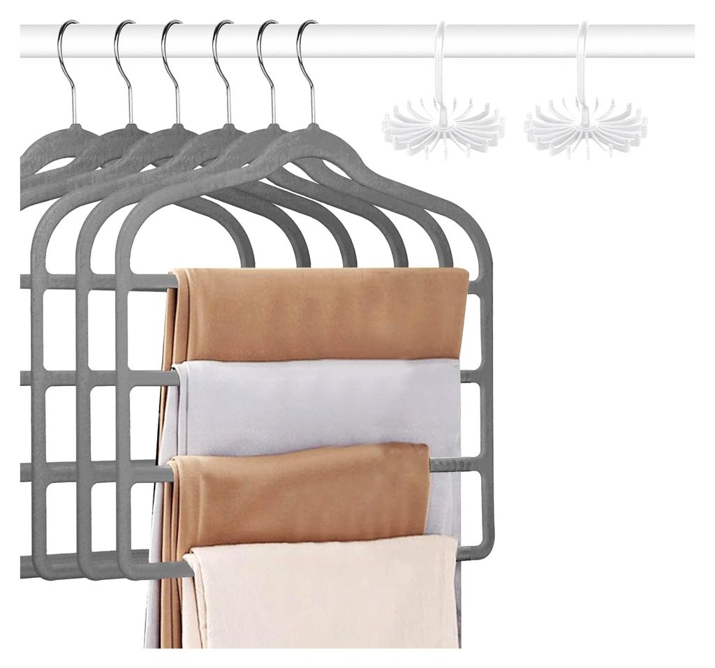 6 x Samt-Kleiderbügel, Grau, Platzsparend, rutschfest, 4-stöckig, 5 kg Tragfähigkeit, Schrank-Organizer, Hosen, Jeans, Krawattenbügel