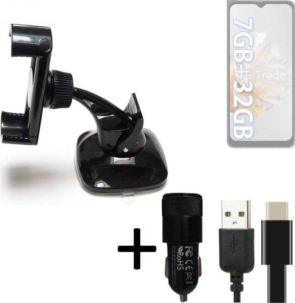 K-S-Trade Handy-Halterung kompatibel mit Blackview Oscal C30 Windschutzscheibe / Armaturenbrett + LADEGERÄT mit Mico USB Kabel Autohalterung