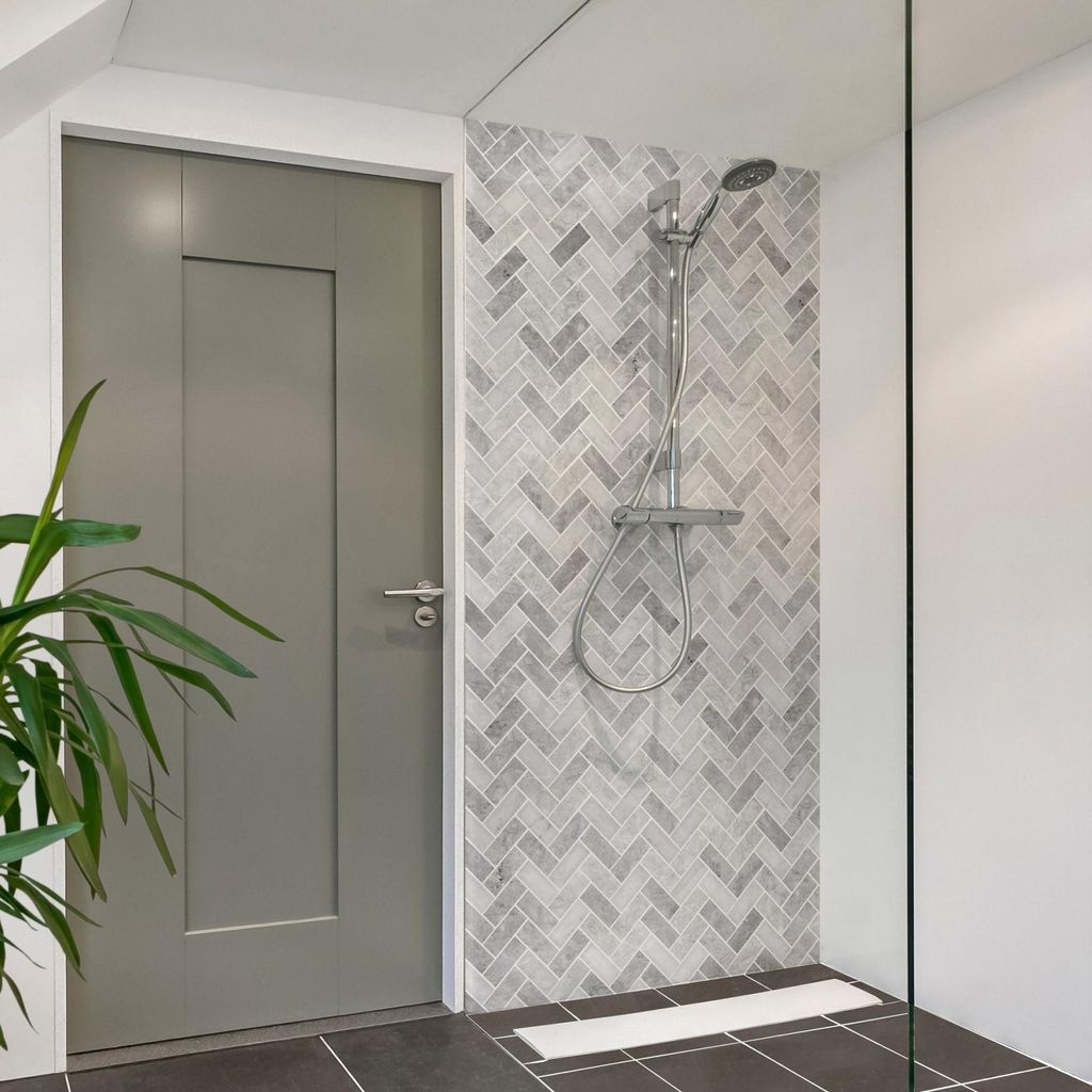 Duschrückwand mit Motiv selbstklebend - 0.35 mm Wandpaneel wasserfest Design grau Fliesenoptik Badrückwand fugenlos Smart matt 100x200 cm