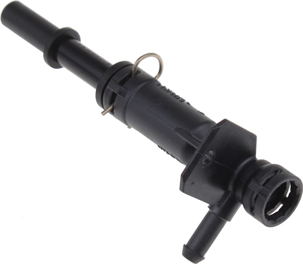 A black plastic valve component with a metal clip, isolated on a white background.
