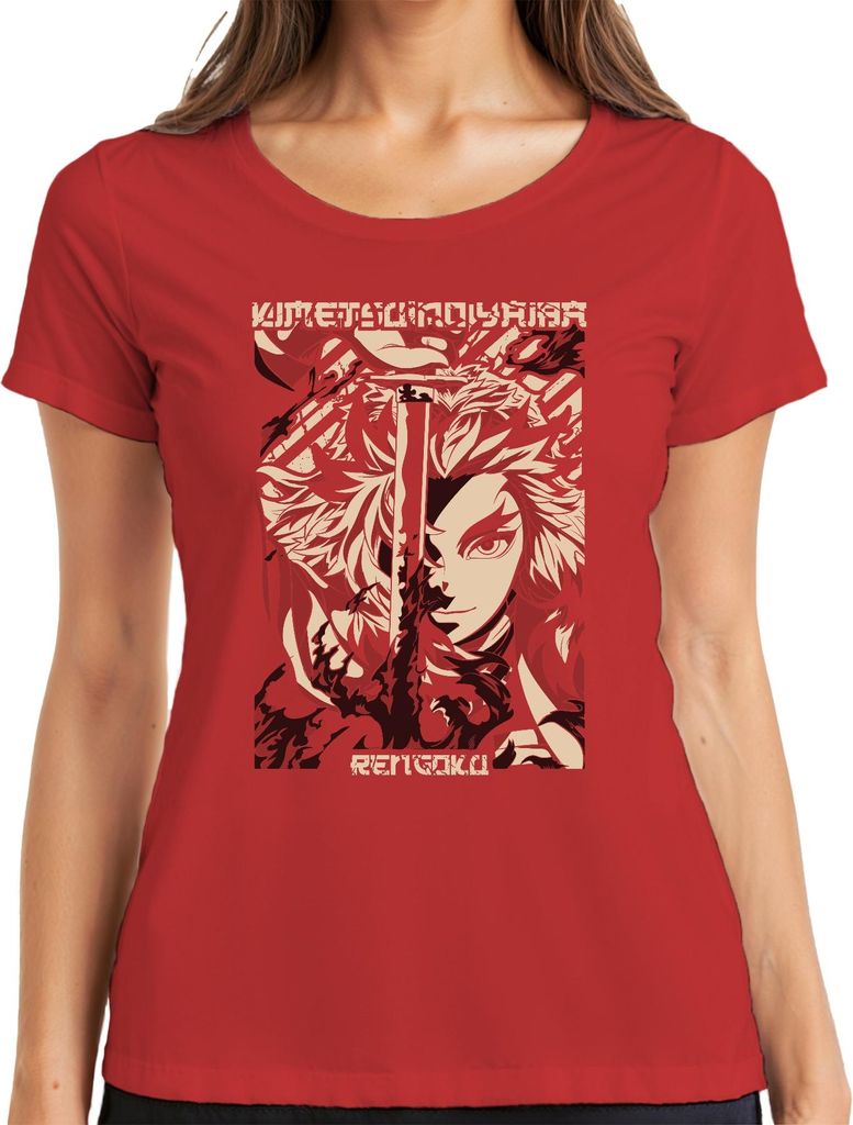 Rengoku Kimetsu no Yaiba Demon Slayer Flammen Schwert Damen T-Shirt, Rot, L