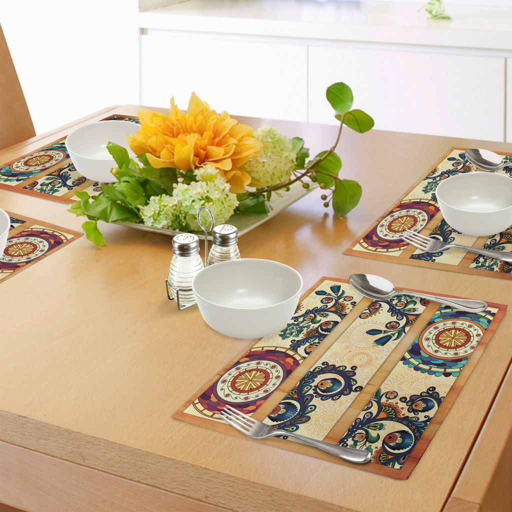 ABAKUHAUS Batik Platzmatten, Orientalisches Weinlese-Paisley-Batik-Muster mit Ostmotiven in flachem Boho Art Design, Tiscjdeco aus Farbfesten Stoff...