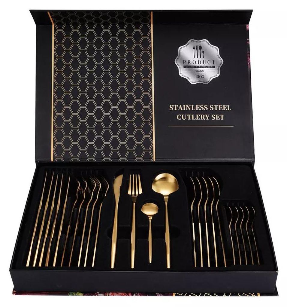 Besteck Set Edelstahl für 6 Personen 24-teiliges Besteckset hochglanzpoliert Spülmaschinenfest Luxury Box, Farben:Gold