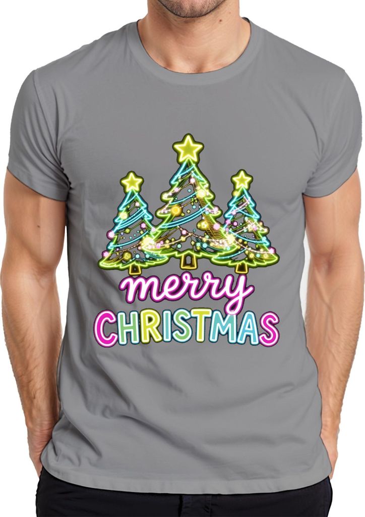 merry CHRISTMAS Neon Weihnachtsbäume Leuchtschrift Retro Geschenk Herren T-Shirt, Grau, XXL