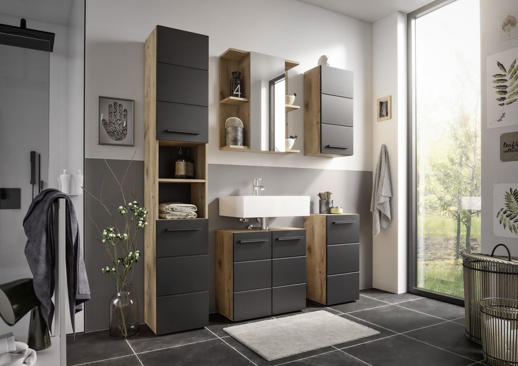 Badezimmer-Set >Vista< (5-tlg.) in Viking Oak / Schwarz - 170x190x31 (BxHxT)