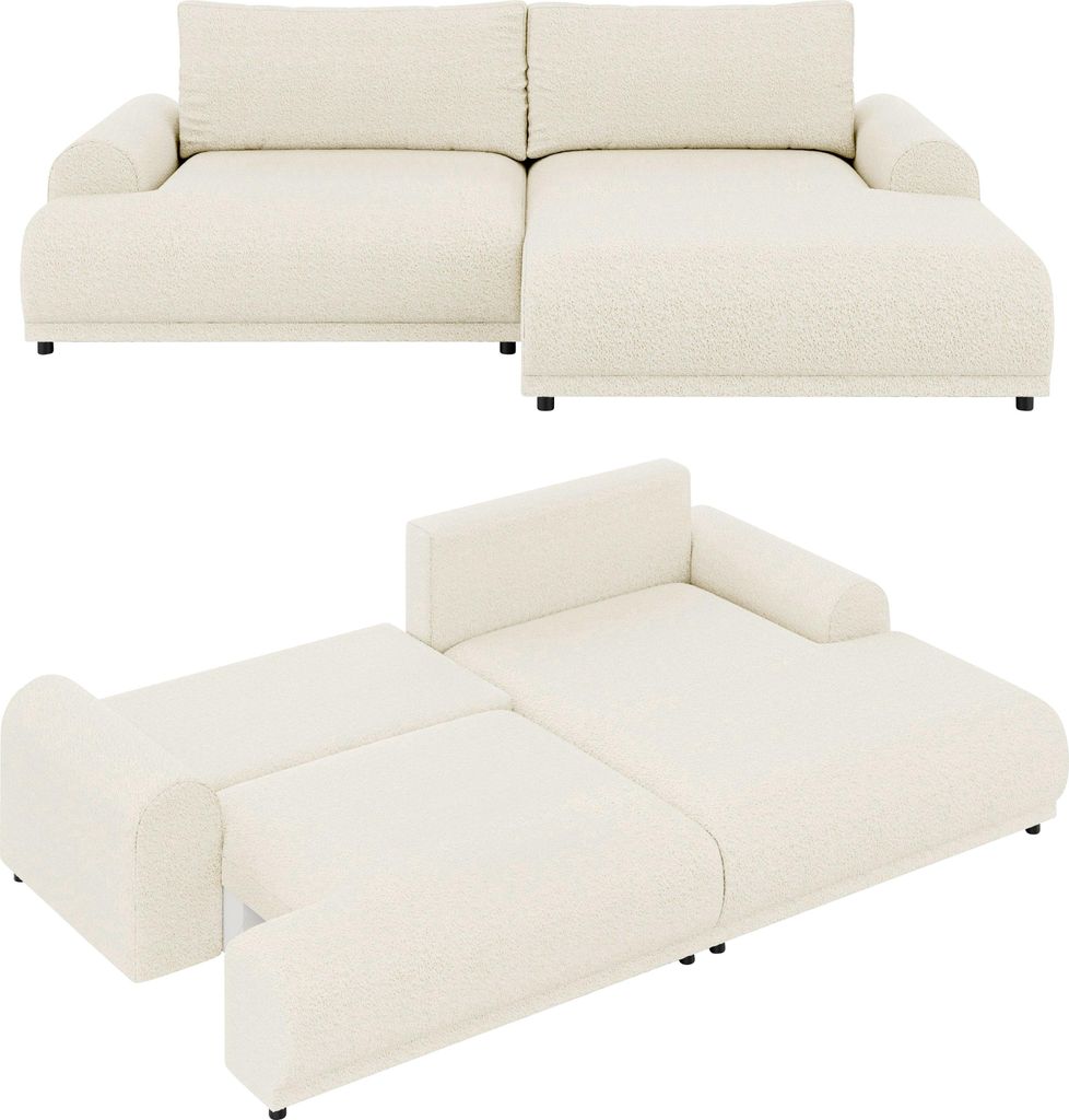 Ecksofa Lounge Schlaffunktion Bettkasten L-Couch Ecke Rechts Bouclé Beige Creme / 21027