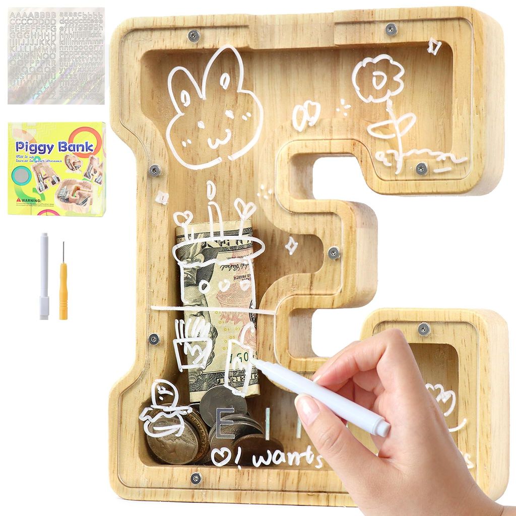 Holzspardose mit den Buchstaben AZ, transparent, mit Aufklebern und Stiften, für Kinder, Jungen, Mädchen, Dekoration für ein Taufgeschenk.