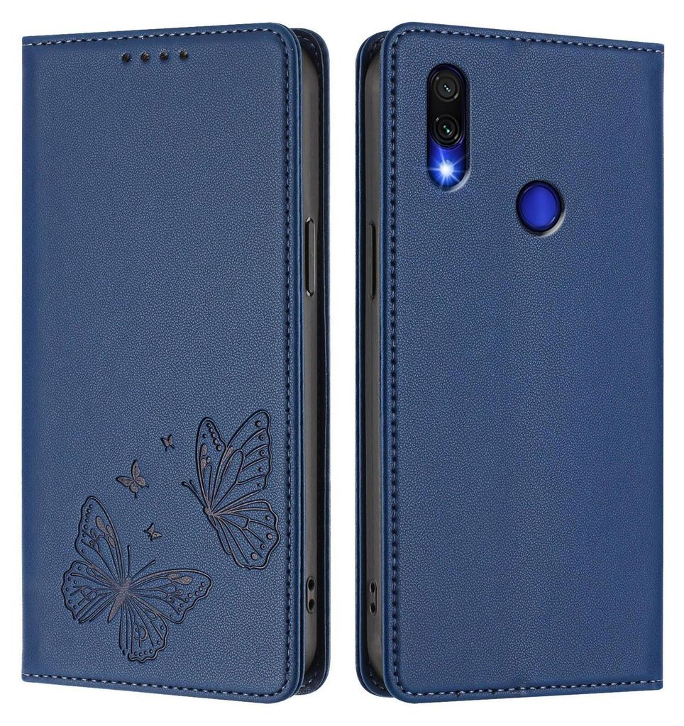 Lederhülle für Xiaomi Redmi Note 7/Note 7 Pro, Schmetterling Prägung Leder Brieftasche Schutzhülle mit Ständer Dunkelblau