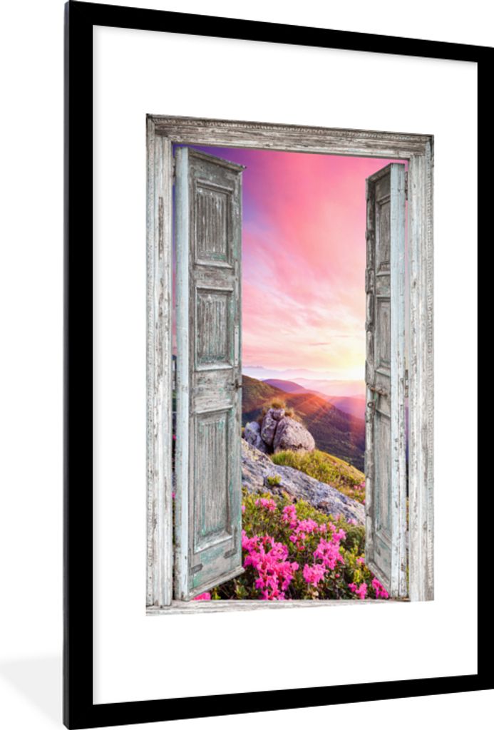 MuchoWow Gerahmtes Poster Berge - Landschaft - Aussicht - Blumen 60x90 cm - Poster mit Schwarzem Bilderrahmen Wandposter Rahmen Foto Bilder - Dek...