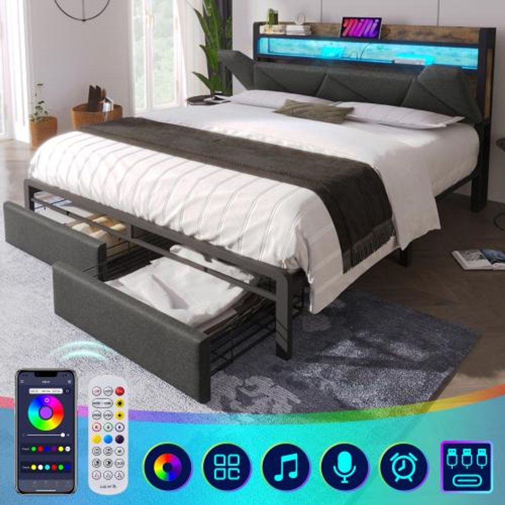 Gepolstertes Bett mit LED-Beleuchtung, USB-C Ladefunktion, Stauraum-Kopfteil & Schublade, leises Design aus Metall, Leinen Grau, Einzelbett 140x200cm