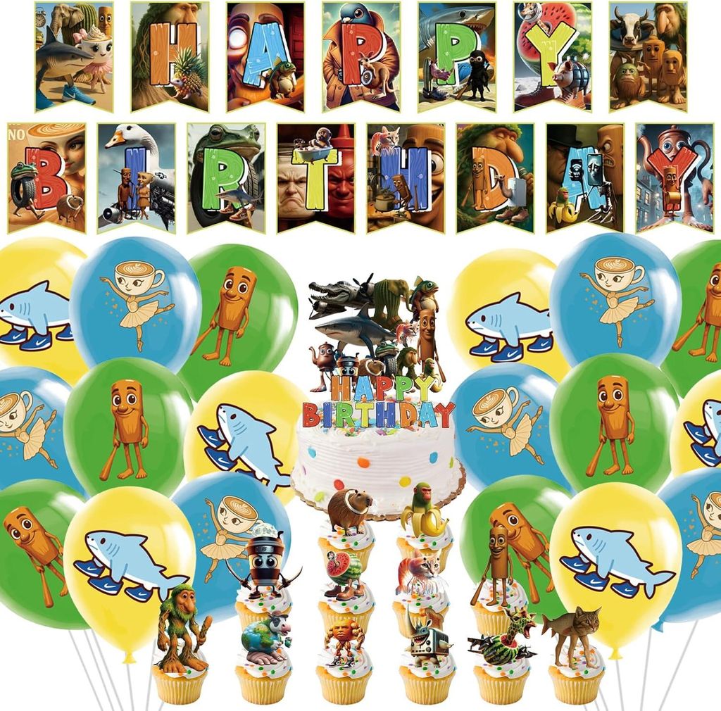 44 Stück Tung Tung Tung Sahur Thema Geburtstagsparty Dekoration, Brainrot Geburtstag Dekoration Set, Anime Figur Kuchen Topper